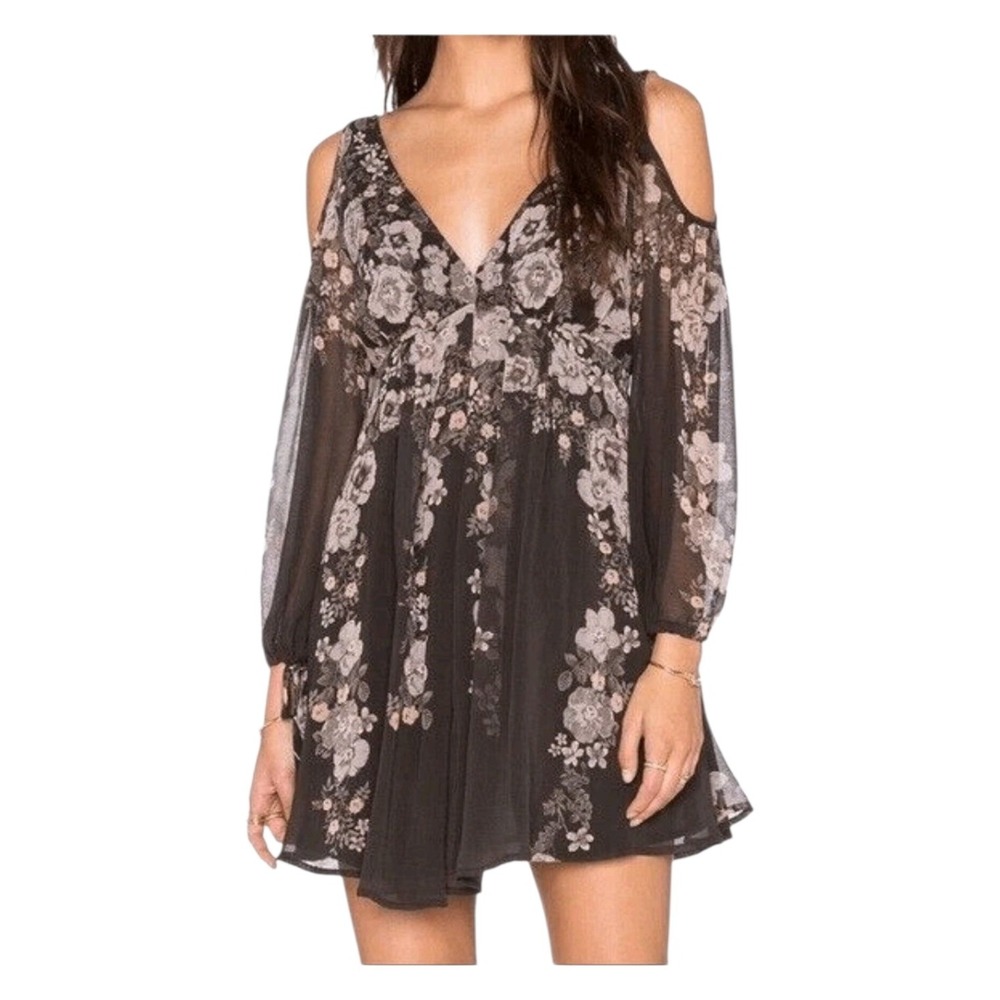 Free People Penny Lover Fairy Flowy Floral‎ Boho Festival Gray Mini Dress szM
